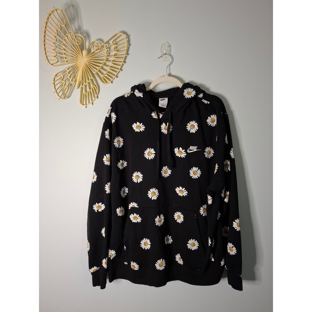 Nike Womens XL Daisy Floral All Over Print Pullover Hoodie Black White Yellow